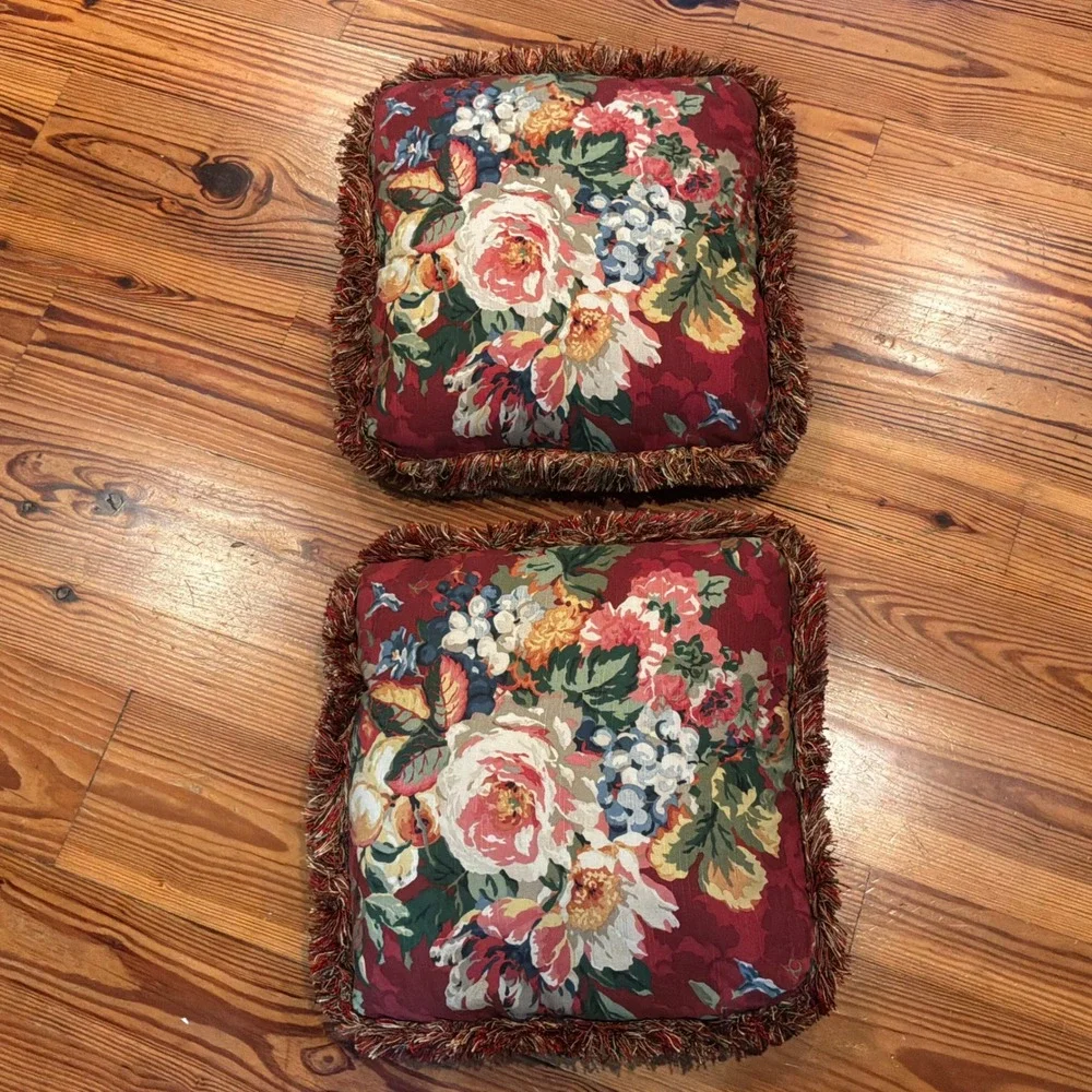 Vintage Floral Fringe Throw Pillows Set of 2 Burgundy Red Rose Peony 18x18